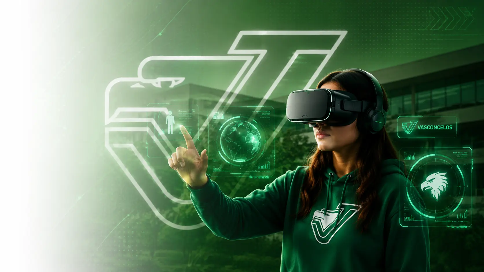 Estudiante con visor de realidad virtual e interfaces digitales